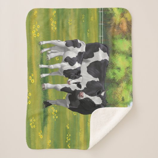 Couverture Sherpa Vache Holstein et veau mignon en pâturage d'été (Devant)