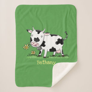 Couverture Sherpa Vache mignonne en vert dessin animé sur le terrain