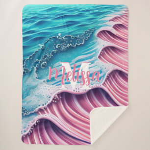Couverture Sherpa Vague rose s'écrasant sur le rivage Monogramme