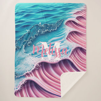 Couverture Sherpa Vague rose s'écrasant sur le rivage Monogramme