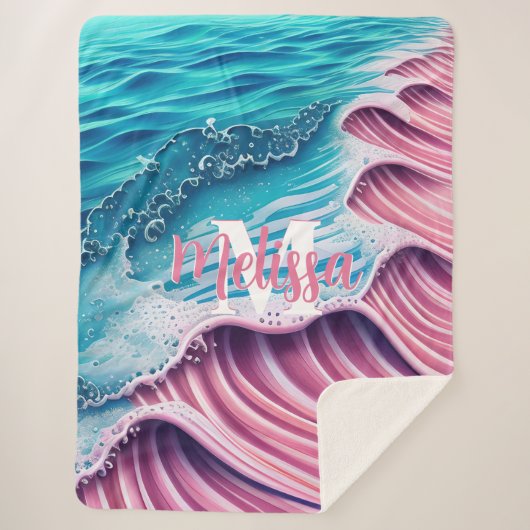 Couverture Sherpa Vague rose s'écrasant sur le rivage Monogramme (Devant)