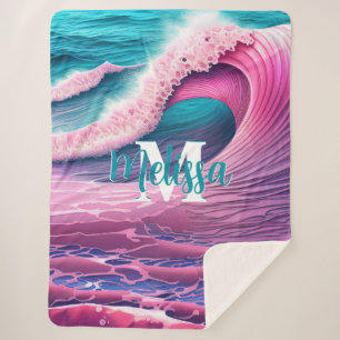 Couverture Sherpa Vagues roses sur la plage Monogramme