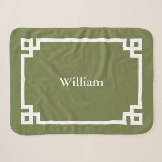 Couverture Sherpa Vert olive et clé grecque monogrammée blanc (Devant (Horizontal))