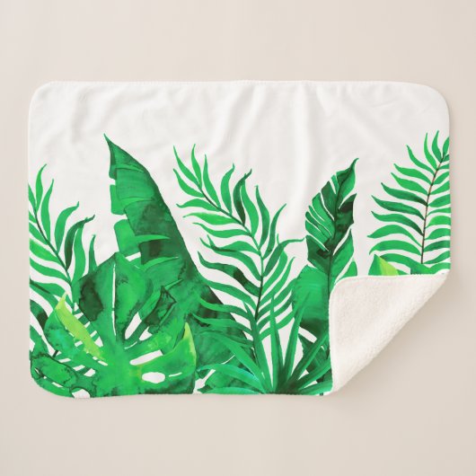Couverture Sherpa Vert verdoyant - Foliage tropical aquarelle - (Devant (Horizontal))
