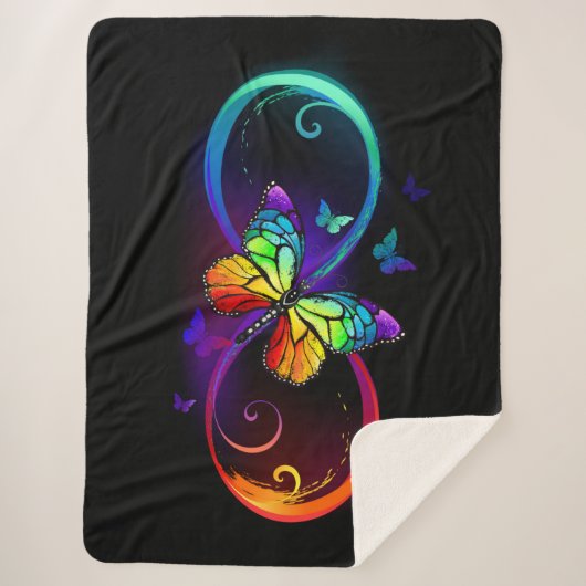 Couverture Sherpa Vibrant infinity with rainbow butterfly on black (Devant)