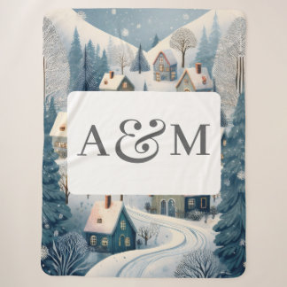 Couverture Sherpa Village d'hiver avec double monogramme