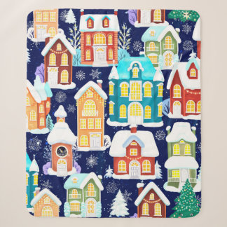 Couverture Sherpa Ville d'hiver avec maisons victoriennes. Thème de