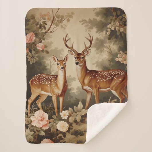 Couverture Sherpa Vintage Forêt Florale Cerf (Devant)