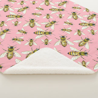 Couverture Sherpa Vintage Illustré Motif d'abeilles rose Peach