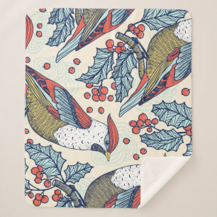 Couverture Sherpa Vintage Waxwings Holly Motif de Noël