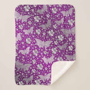 Couverture Sherpa violet, argent, papillons, fleurs, floral, patte