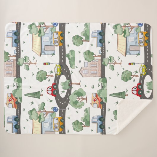Couverture Sherpa Voitures mignonnes en Ville Motif pour petits garç (Devant (Horizontal))