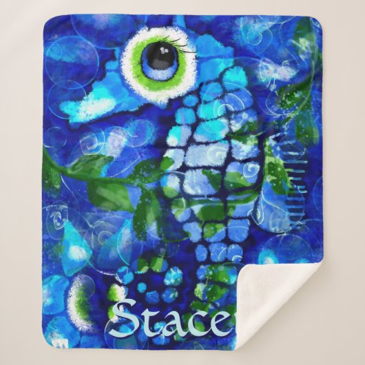 Couverture Sherpa Whimsical Big-Eyes Seahorse Art Blue Personalized (Devant)