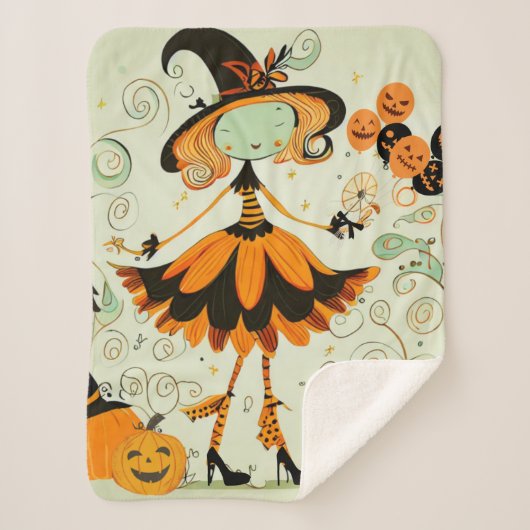 Couverture Sherpa whimsical/sorcière/citrouille/chute (Devant)
