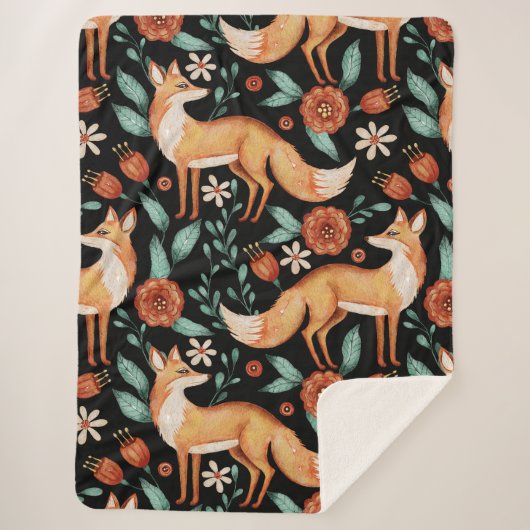 Couverture Sherpa Whimsical Woodland Fox & Floral Pattern (Devant)