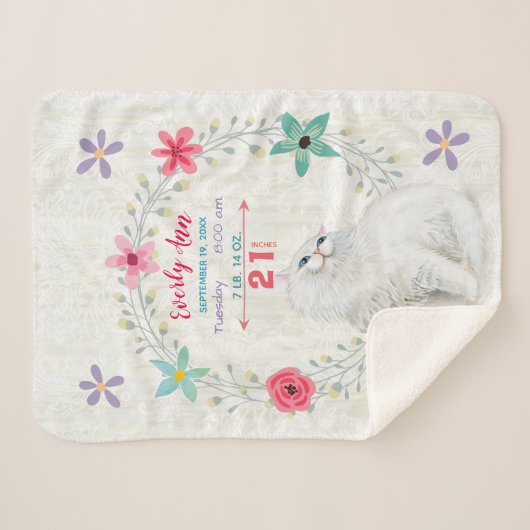 Couverture Sherpa White Kitty Chat bébé fille Statistiques Aquarelle (Devant (Horizontal))