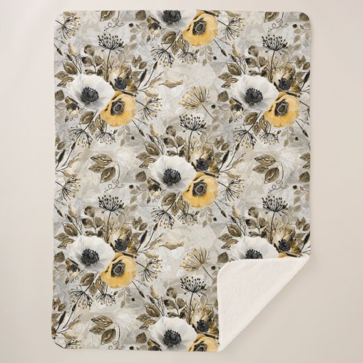 Couverture Sherpa White, yellow anemones on a gray-brown background. (Devant)