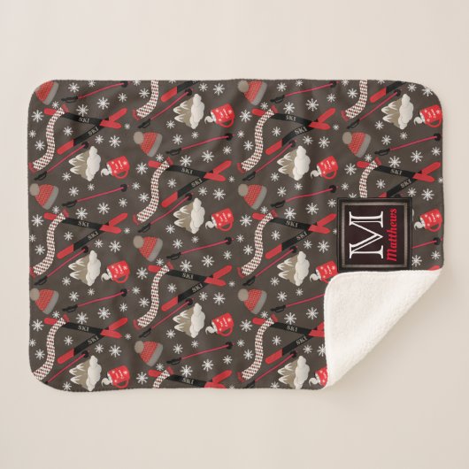 Couverture Sherpa WI-Internter Mountain Ski Trip Thème Motif Monogra (Devant (Horizontal))