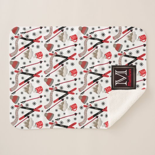 Couverture Sherpa WI-Internter Mountain Ski Trip Thème Motif Monogra (Devant (Horizontal))