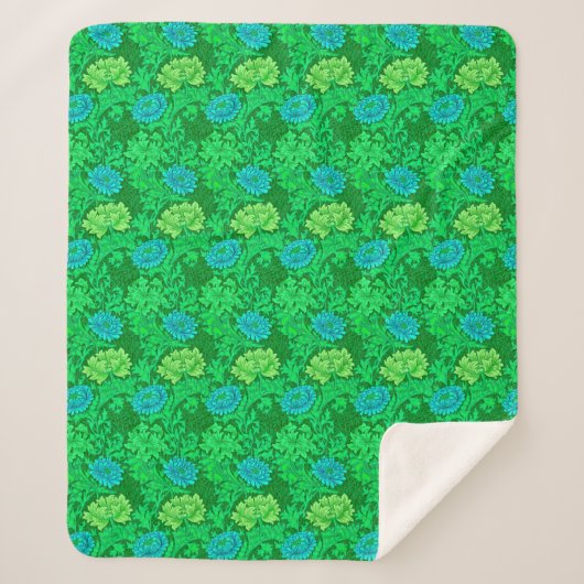 Couverture Sherpa William Morris Chrysanthemums, Lime Green & Aqua (Devant)