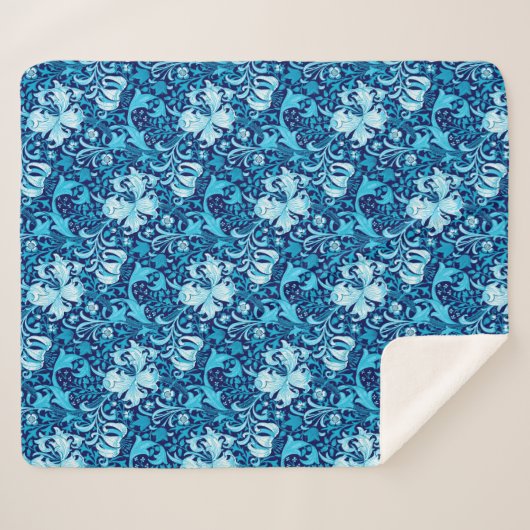 Couverture Sherpa William Morris Iris et Lily, Indigo Blue & White (Devant (Horizontal))