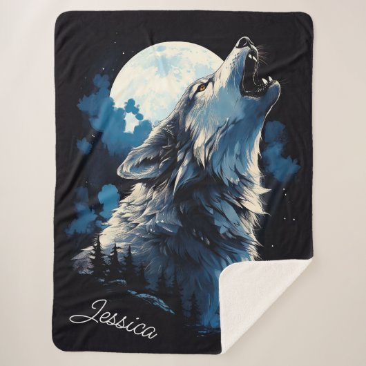 Couverture Sherpa Wolf Howling à la Lune (Devant)