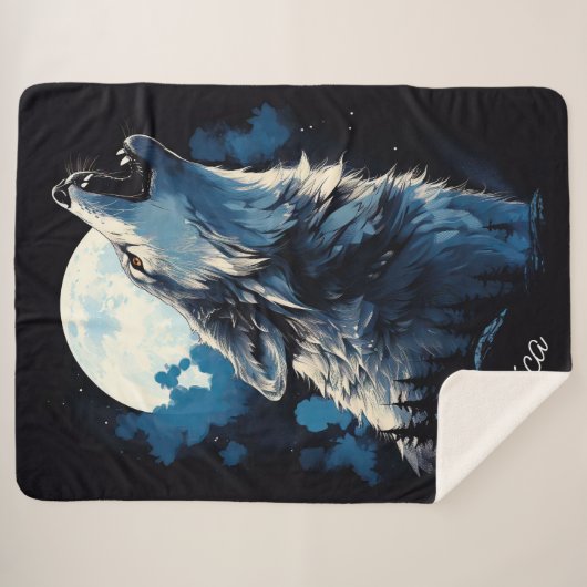 Couverture Sherpa Wolf Howling à la Lune (Devant (Horizontal))