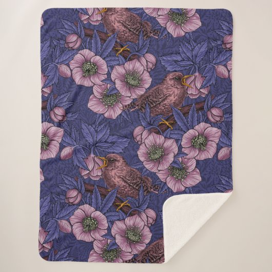 Couverture Sherpa Wren et hellebore, violet et rose (Devant)