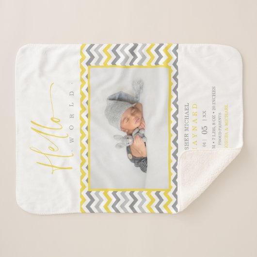 Couverture Sherpa Yellow Grey Zigzag Stripes Hello World Quote Photo (Devant (Horizontal))