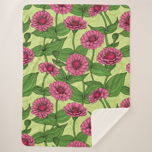 Couverture Sherpa Zinnias rose sur vert clair (Devant)