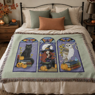 Couverture Sorcière gothique chat noir hibou Halloween Art no