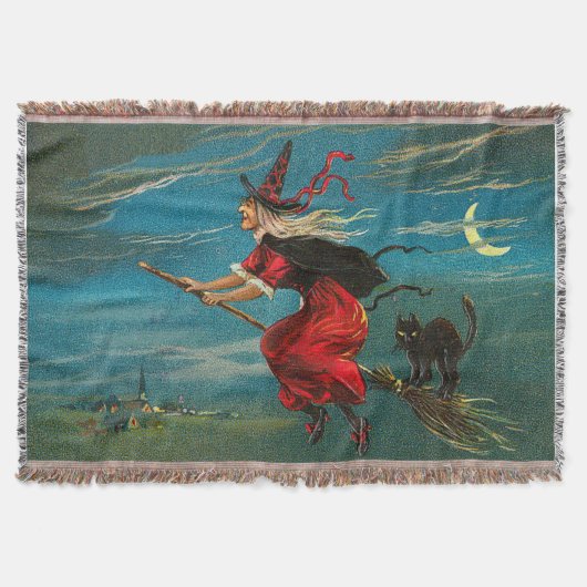 Couverture Sorcière Volant Chat Noir Croissant de Lune (Devant)