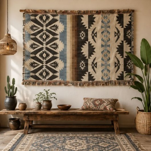 Couverture Southwestern Aztec Geometric Pattern in Black