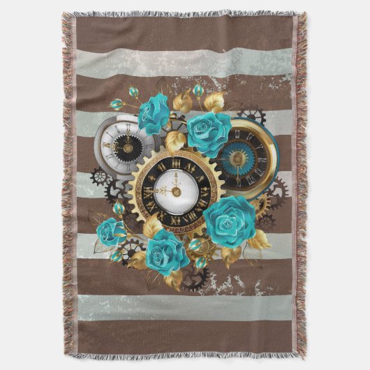 Couverture Steampunk Clock and Turquoise Roses on Striped (devant Vertical)