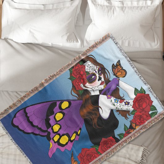 Couverture Sucre Violet Crâne Fée Roses Rouges Monarques Goth