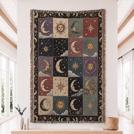 Couverture tissée patchwork Soleil et Lune