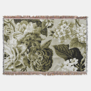 Couverture Ton blanc noir Toile floral vintage de vert olive