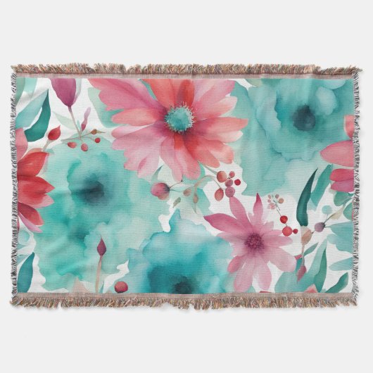 Couverture Turquoise bleu Rouge Aquarelle Fleurs de Printemps (Devant)