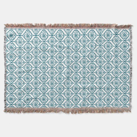 Couverture Turquoise sur Motif ethnique blanc, Fleurs, Chevro (Devant)