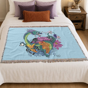 Couverture Vibrant sarcelle Dragon Koi Lotus Fleur Orientale