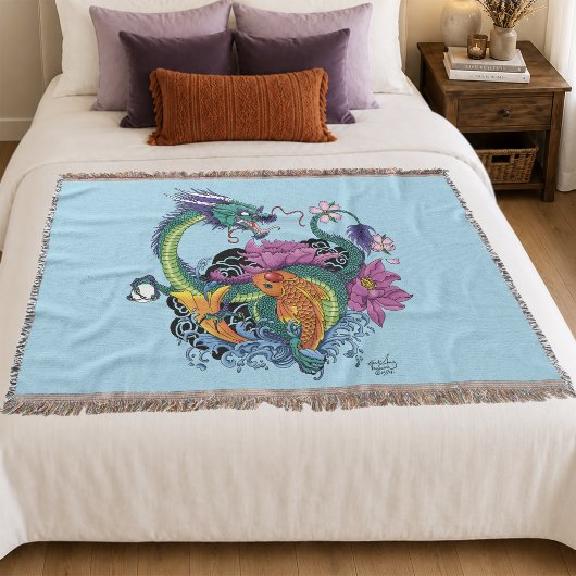 Couverture Vibrant sarcelle Dragon Koi Lotus Fleur Orientale