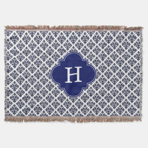 Couverture Vintage Marine Bleu Blanc Damas #3 Monogramme Mari