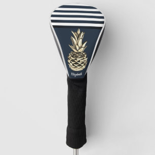 Couvre-club De Golf Ananas Métallique Or Marine Bleu Stripes