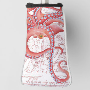 Couvre-club De Golf Blanc vintage de carte de poulpe rouge