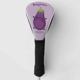 Couvre-club De Golf Caricature d'aubergine d'aubergine joliment heureu