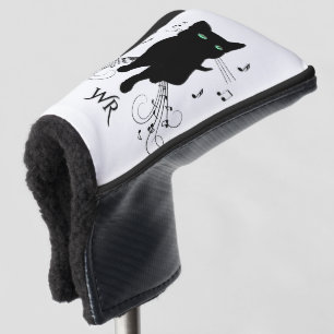 Couvre-club De Golf Chat noir entouré de notes de monogramme musical
