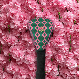Couvre-club De Golf Chic Monogrammed Pink et Green Diamond Motif