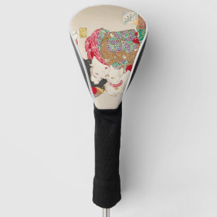 Couvre-club De Golf Chinoiserie Dame Japonaise & Chat Kimono Art