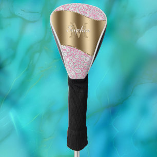 Couvre-club De Golf Diamants de Glam sur rose, Monogramme d'or, Nom du