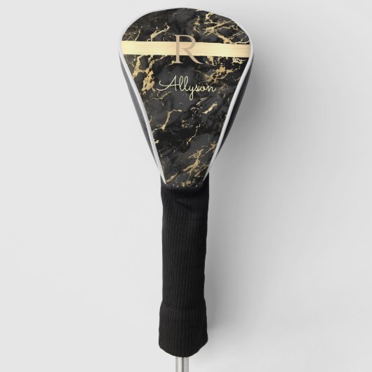 Couvre-club De Golf DIY Name & Monogram, Gold Bar, Black & Gold Marble (Devant)